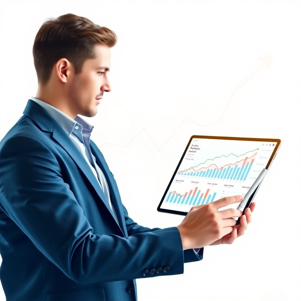 Produce an image of a professional working on a tablet, showing a dynamic dashboard with portfolio performance metrics.  The background is an abstract representation of financial growth, with upward-trending lines in soft, optimistic colors. The tablet is modern and clean, enhancing a sense of technological proficiency.