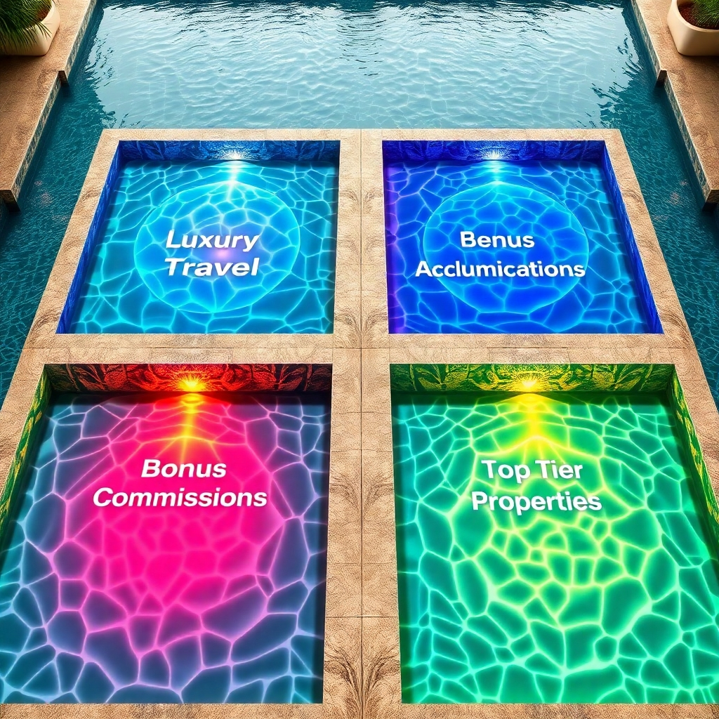 Visualize four distinct, beautifully designed pools of water. Each pool shimmers with a unique color and reflects different rewards such as 'Luxury Travel', 'Exclusive Events', 'Bonus Commissions', and 'Top Tier Properties'. The pools are arranged symmetrically, suggesting equality and opportunity. The surrounding environment is serene and luxurious. Photorealistic rendering with high attention to detail.