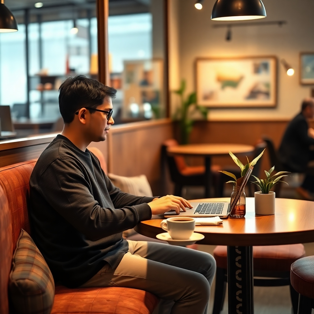 A photorealistic image, 8K resolution, emphasizing hyperrealistic detail and lighting. The image depicts a comfortable corner of a Highlands Coffee shop, ideal for working or studying. Soft, warm lighting accentuates the scene, creating a relaxed atmosphere. The composition should feature a person sitting at a table, working on a laptop. The table has a well-organized workspace, including a notebook, a cup of coffee, and a plant. The background shows the overall coffee shop interior; warm colors and comfortable seating are visible, while background noise is minimized for focus. The image should prioritize realism and detail; textures of wood, fabric, and materials are clearly visible. The camera angle should be slightly elevated, offering a comfortable perspective. The color palette is warm and inviting; earthy tones are dominant, creating a peaceful and productive atmosphere. The style is inspired by modern lifestyle photography, prioritizing a clean, sophisticated aesthetic.