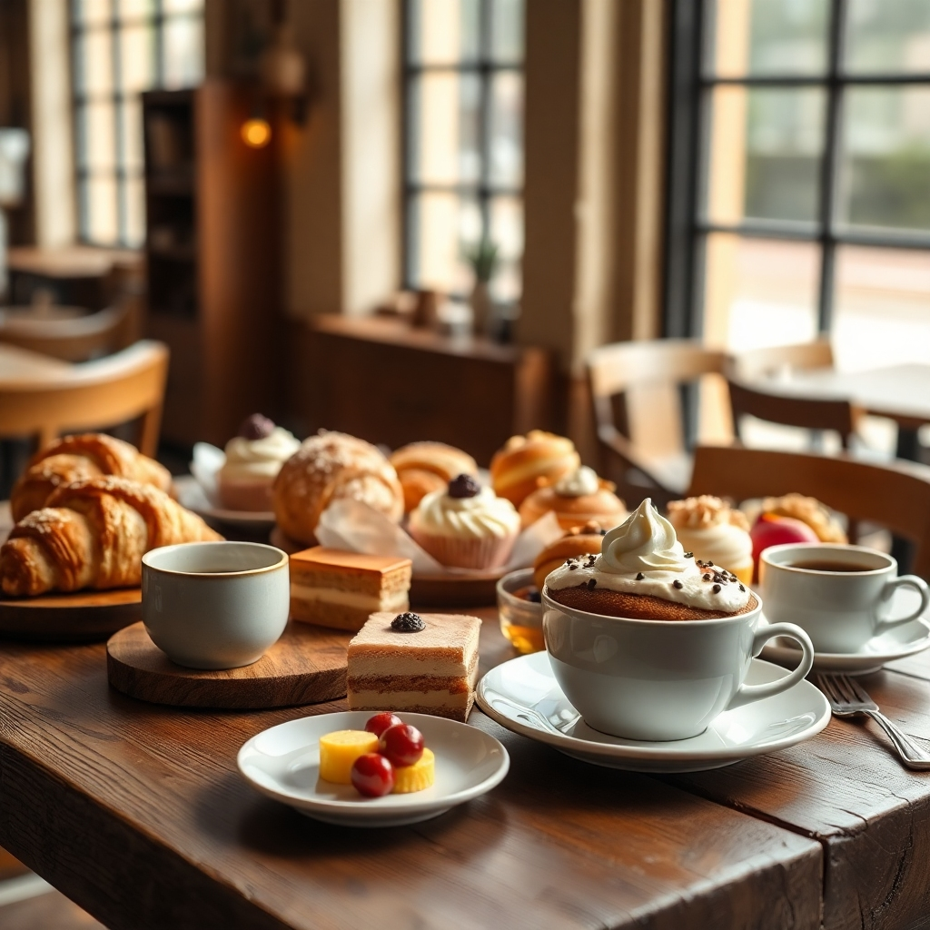 An ultra-high-definition (8K resolution), hyperrealistic image of a selection of Highlands Coffee's pastries and light meals artfully arranged on a rustic wooden table. The scene is bathed in soft, diffused natural light filtering through a large window. The color palette is warm and inviting, with rich browns, creamy beige, and pops of color from fresh fruits and confectionery. The pastries should showcase detail and texture—crispy croissants, fluffy muffins, delicate cakes, and smooth creamy fillings. The camera angle is slightly elevated, providing a clear view of all items. The background subtly shows the upscale interior of the coffee shop, highlighting the warm and inviting ambiance. The overall mood is one of pleasant indulgence and enjoyment. Include in the image a small plate of fresh fruit, a cup of coffee, and silverware. The style should be inspired by the work of renowned food photographers, aiming for a refined, appetizing presentation that emphasizes the quality and freshness of the food items.