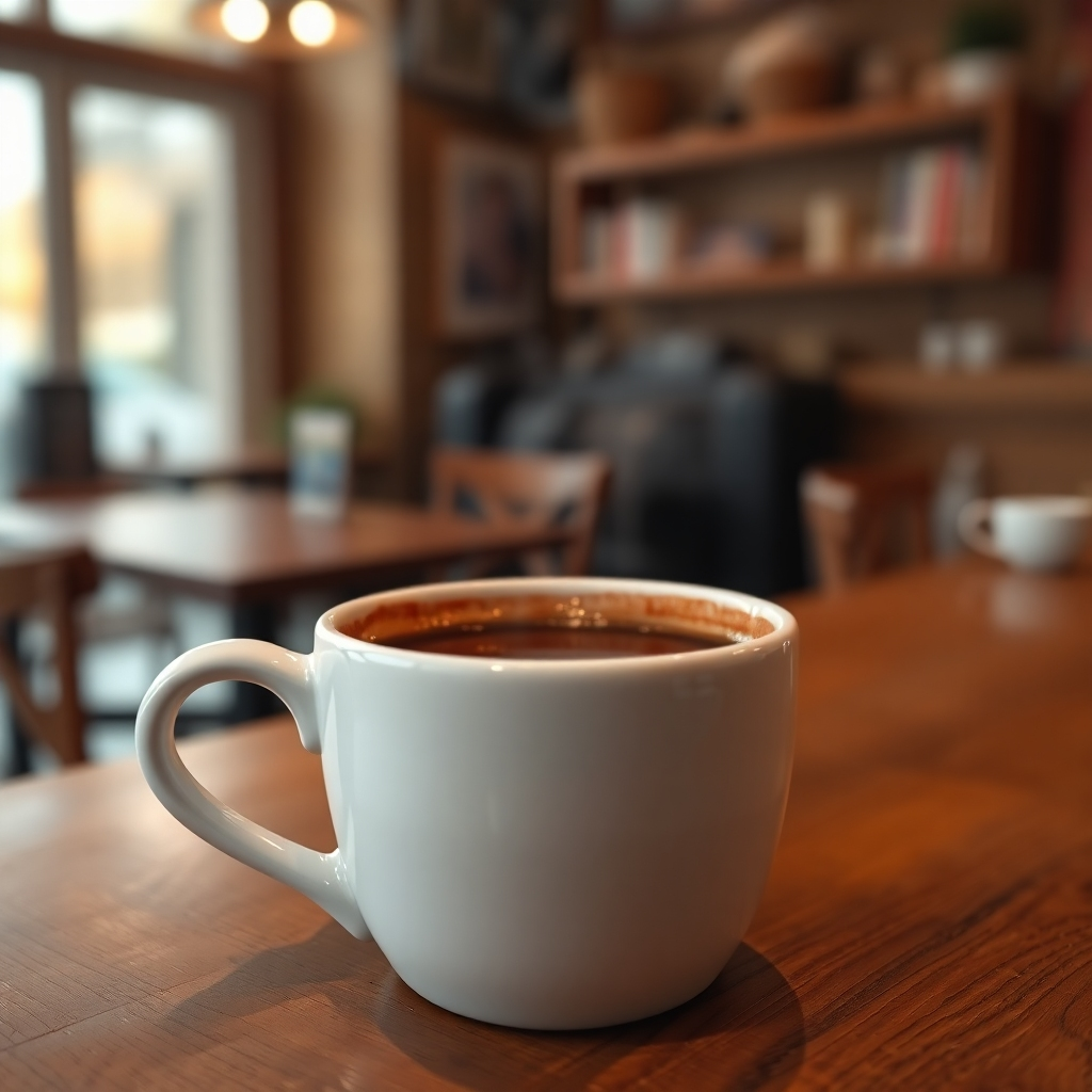 Photorealistic image, 8K resolution, hyperrealistic detail. A close-up shot of a steaming cup of Highlands Coffee's signature brew, showcasing the rich crema and dark brown color. Soft, warm lighting illuminates the scene. The coffee is in a classic white ceramic mug, sitting on a rustic wooden table. The background is softly blurred, showing a cozy coffee shop interior with warm wood tones and subtle lighting. The overall mood is comforting and inviting. Texture details should be highly emphasized, showing the smoothness of the mug, the subtle grain of the wood, and the steam rising from the coffee. Camera angle is slightly elevated, looking down at the cup. The style should emulate the work of a professional food photographer, focusing on visual appeal and highlighting the quality of the coffee. Include subtle steam rising from the coffee and condensation on the mug. Render in a style similar to that of commercial coffee advertisements, focusing on quality and sophistication.