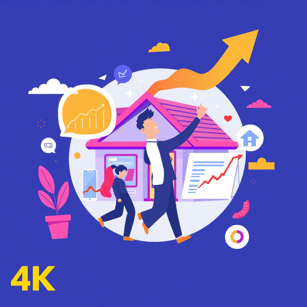 A dynamic illustration of a home service business outperforming its competitors in the digital market. The image should depict the business's success through data visualizations and success metrics. The color palette should be bold and energetic. 4K resolution, high quality.