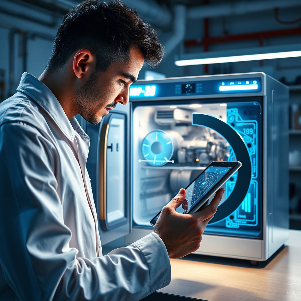 A photorealistic image of an AI system diagnosing a home appliance. The image should depict a technician using a tablet to view diagnostic data provided by an AI. The appliance should be partially transparent to reveal the internal components being analyzed. Lighting is focused and diagnostic, using cool tones. The setting is a modern, well-equipped workshop. 4K resolution, high quality.