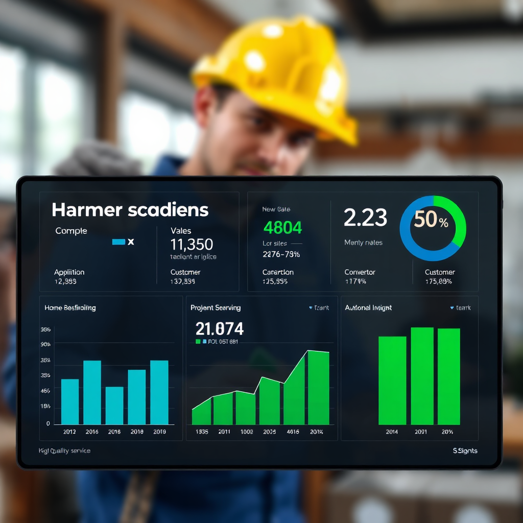 A photorealistic rendering of a digital dashboard displaying key performance indicators (KPIs) for a home service business. The dashboard shows metrics like customer acquisition cost, conversion rates, and customer lifetime value. The data visualizations are clear and concise, with a focus on actionable insights. The background is a blurred image of a home service professional working in the field. Lighting is professional and informative, with a color palette dominated by blues, greens, and grays. 4K resolution, high quality.