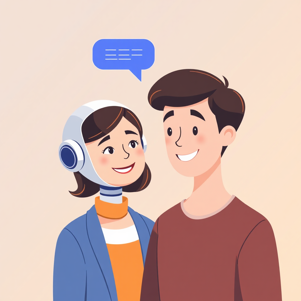 A stylized illustration of a customer interacting with a chatbot or virtual assistant. The customer is smiling and appears to be satisfied with the interaction. The chatbot is depicted as a friendly and helpful AI agent. The background is a soft, inviting color gradient. The overall style is modern and friendly, emphasizing the benefits of personalized customer service. 4K resolution, high quality.