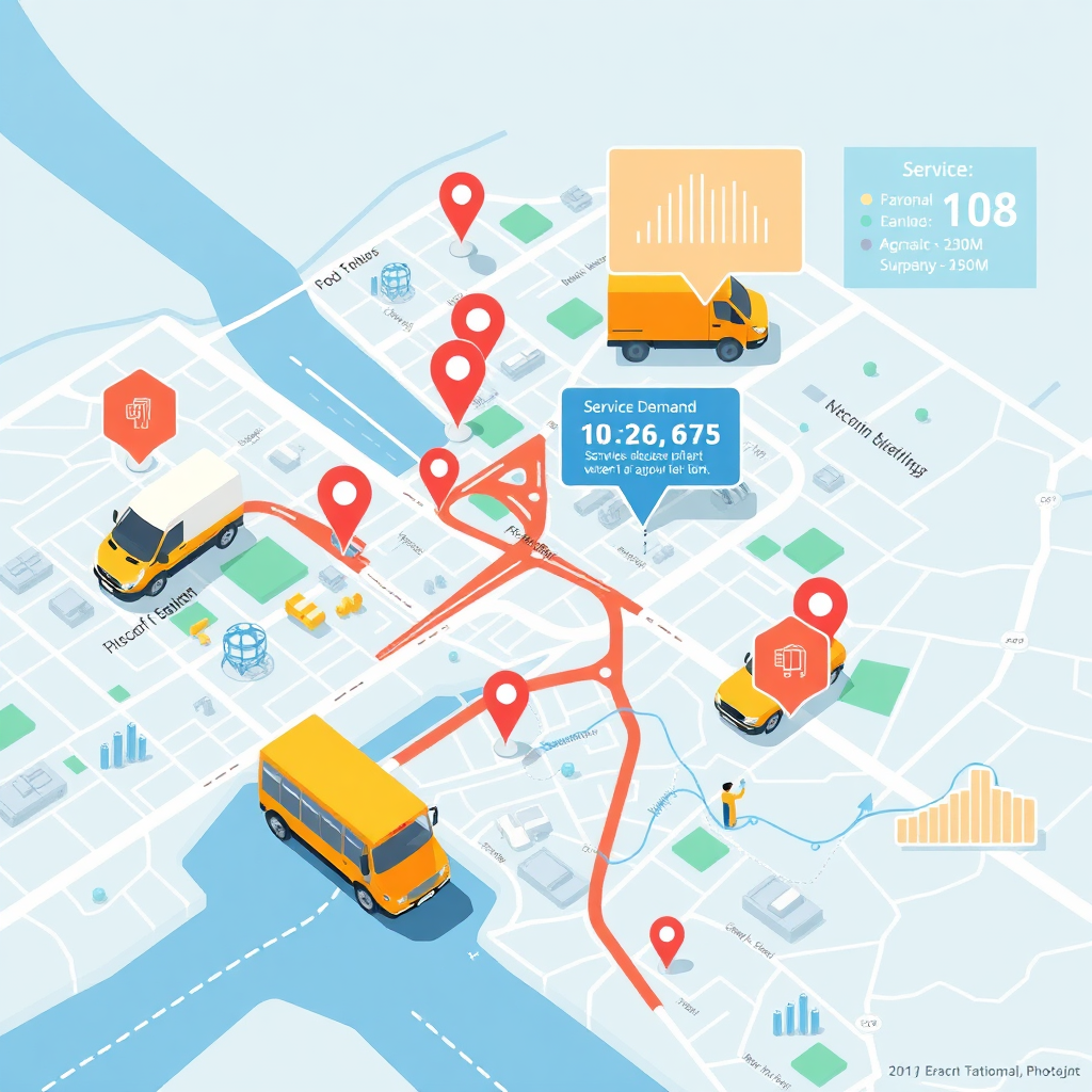 A stylized illustration of a map with service vehicles moving efficiently through a city. The map is overlaid with data visualizations showing traffic patterns and service demand. The color palette is bright and informative, with a focus on clarity and efficiency. The overall style is modern and streamlined. 4K resolution, high quality.