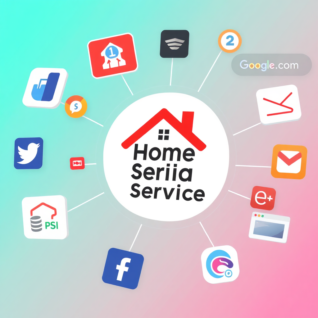 A stylized image of a home service business's logo being prominently displayed across various digital platforms (e.g., social media, search engines). The image should convey a sense of reach and impact. The color palette should be consistent with the business's branding. 4K resolution, high quality.