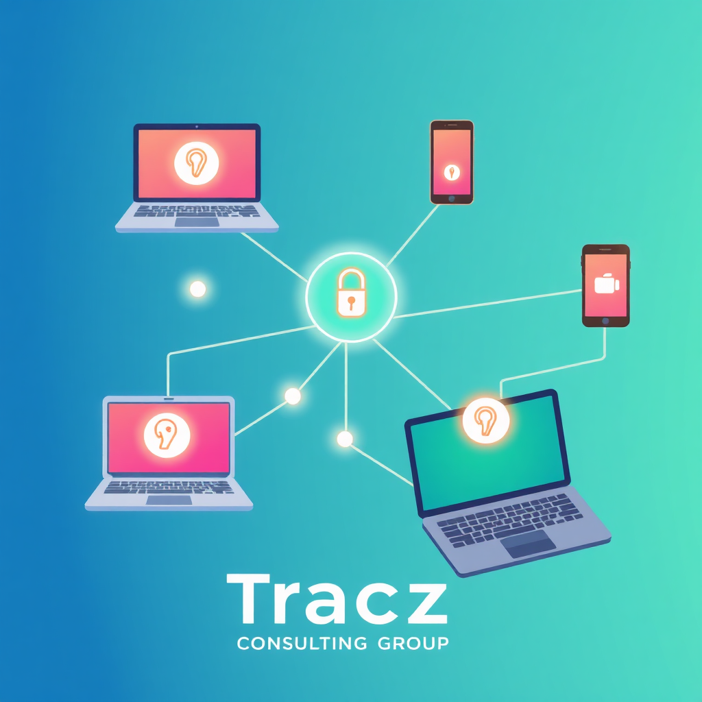 A stylized, vector-based illustration depicting a network of interconnected devices, each representing a different aspect of Tracz Consulting Group's services. These devices include laptops, tablets, and smartphones, all connected by glowing lines. Each device displays a simple icon representing a specific service guideline (e.g., data privacy, security). The overall style should be modern and minimalist, using a vibrant and optimistic color palette. The composition should be dynamic and engaging, conveying the interconnectedness and user-friendliness of the company's services. The background should be a subtle gradient of blues and greens.
