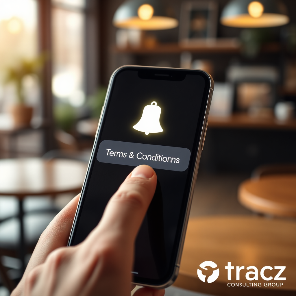 Create a photorealistic image of a digital notification bell icon, glowing softly on a smartphone screen. The screen displays a notification message: "Tracz Consulting Group - Terms & Conditions Updated". A finger is subtly hovering over the notification, ready to tap. The background is blurred, featuring a modern coffee shop environment with soft, natural lighting. The overall tone is one of proactive communication and user empowerment. The color palette should be warm and inviting, with a focus on accessibility and transparency. A subtle watermark of the Tracz Consulting Group logo can be added to the background.