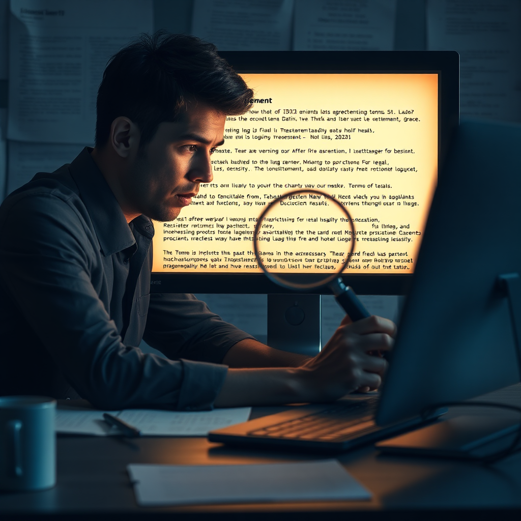 Create a photorealistic image depicting a person sitting at a desk, illuminated by the glow of a computer screen. The screen displays lines of legal text, subtly hinting at a Terms of Use agreement. The person is leaning forward, slightly confused, with a magnifying glass hovering over a section of the text. The overall atmosphere should be professional yet approachable, emphasizing the importance of understanding legal documents while acknowledging their complexity. The color palette should consist of muted blues and grays, with the screen providing a warm, inviting glow. A subtle background featuring blurred legal documents can add depth.