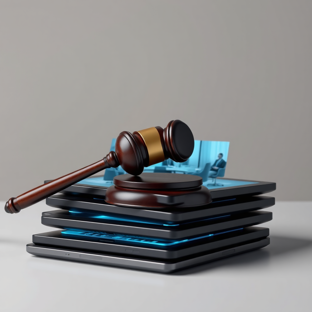 Create a photorealistic image of a gavel resting gently on a stack of digital tablets. The tablets display holographic projections of people in a virtual meeting room, seemingly engaged in a discussion. The overall tone should be calm and professional, with a focus on neutrality and fairness. The lighting should be soft and diffused, creating a sense of impartiality. The color palette should consist of muted earth tones and cool blues, conveying trust and reliability. In the background, subtle geometric patterns can suggest the complexities of legal frameworks.