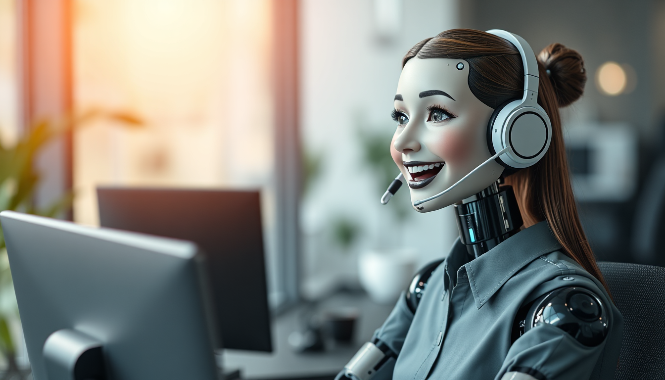 A friendly AI chatbot icon assisting a homeowner with a service request. The homeowner is smiling and appears to be satisfied with the interaction. The chatbot is depicted as a helpful and responsive AI agent. The background is a warm and inviting living room. 4K resolution, high quality.