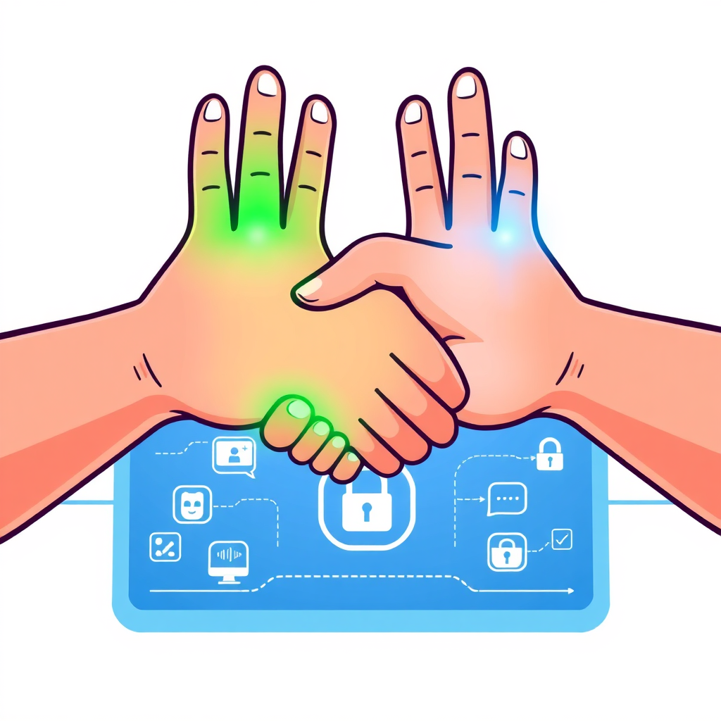 Stylized vector illustration featuring two hands shaking over a digital interface. One hand is emitting a positive green glow, symbolizing rights, while the other is emitting a calm blue glow, symbolizing responsibilities. The digital interface in the background displays icons representing various aspects of online interaction, such as privacy, security, and communication. The overall style should be clean and modern, using a bright and optimistic color palette. The composition should be balanced, emphasizing the equal importance of rights and responsibilities in the digital world. The background should be a light, airy gradient.