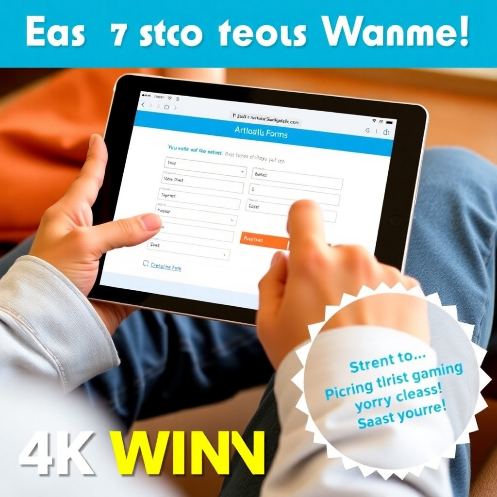 A photorealistic image depicting a person's hands filling out an online entry form on a tablet, with a backdrop suggesting a casual setting, implying effortless participation. Emphasize the ease of use and the winning potential. High-quality 4K resolution.