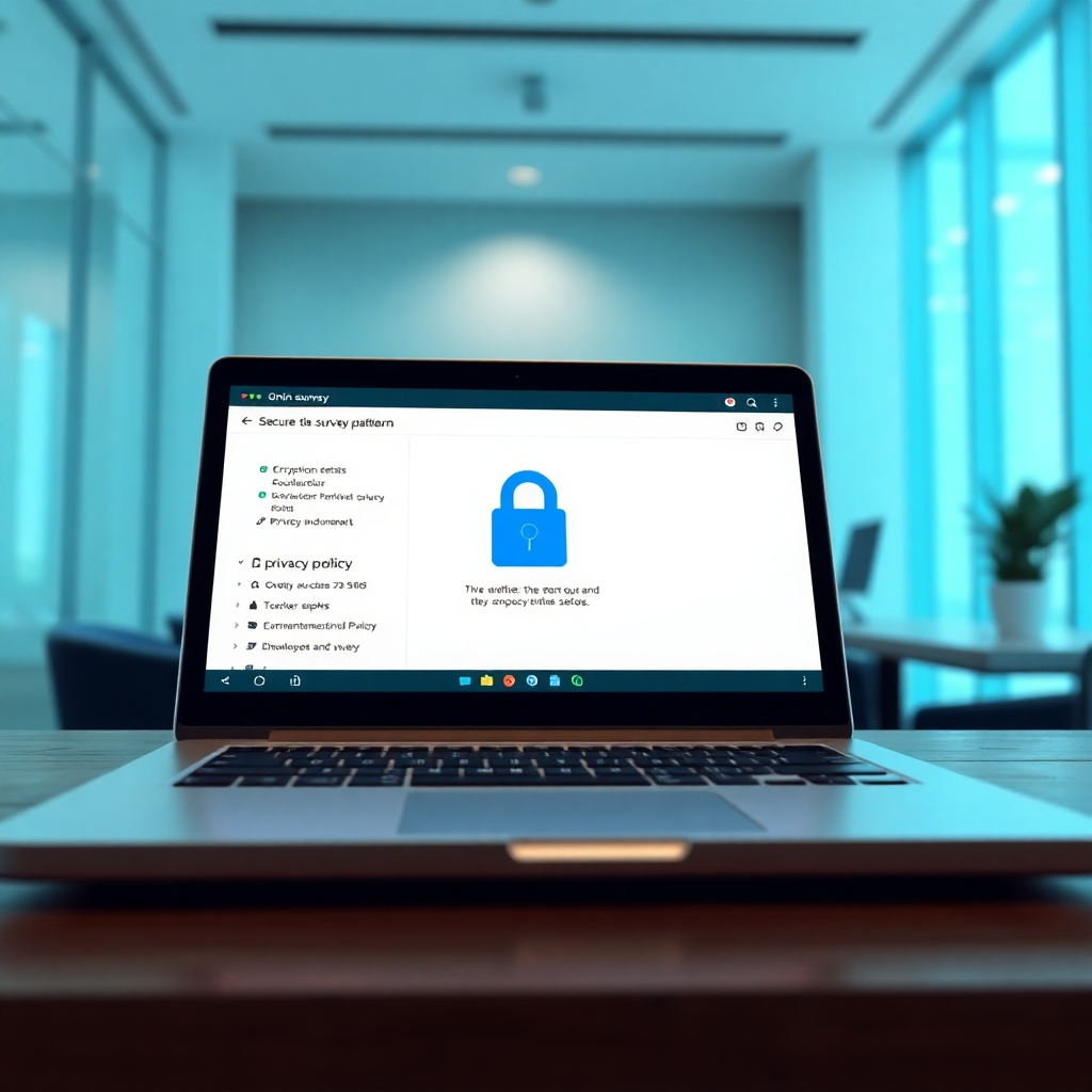 A photorealistic image depicting a secure online survey platform interface on a laptop screen.  Visual elements such as a padlock icon, encryption details, and a privacy policy link should be subtly visible. The background should be a minimalistic, modern office setting.
