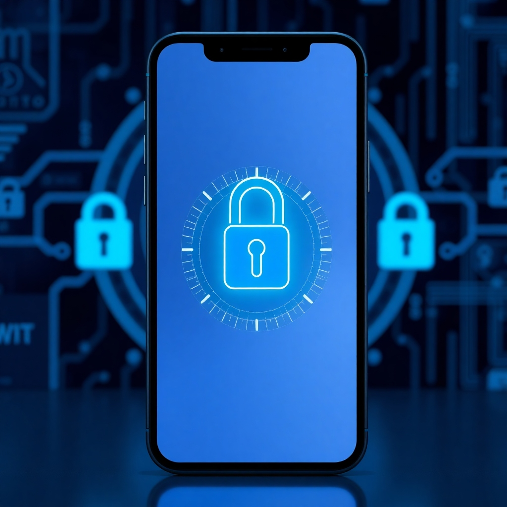 A photorealistic image depicting a secure digital lock interface on a smartphone screen, with a background showing a stylized representation of data protection and security.&nbsp;The overall image should convey trust, safety, and reliability.