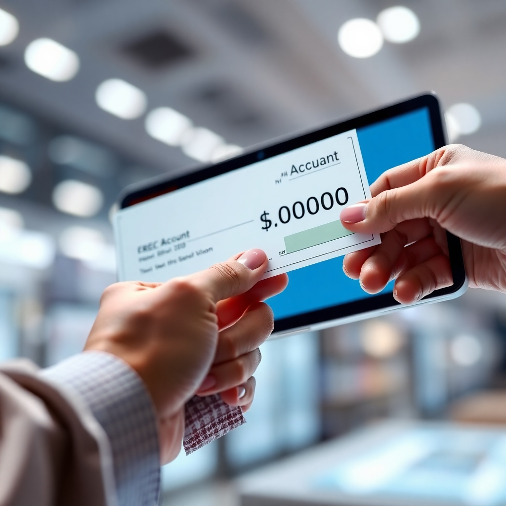 A photorealistic image of a check being deposited into a bank account. The image should communicate speed, efficiency and ease. The image should emphasize the act of depositing a check, with an image of the winning amount clearly shown on the screen. High-quality 4K resolution.