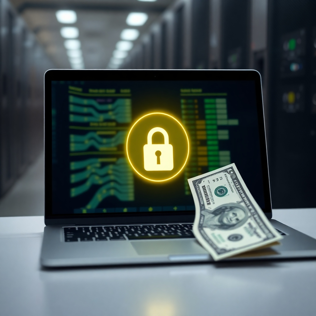 A photorealistic image of a digital lock with a padlock symbol on a laptop screen next to a $1000 bill. The background is a subtle image of a data center or server farm. The overall mood is secure and trustworthy. High resolution, 8k, sharp focus, detailed