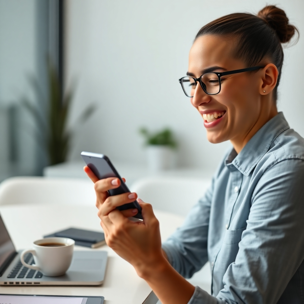A photorealistic image of a person smiling and looking at their phone, showing a completed survey with a message confirming a $1000 reward. The background should be a clean, minimalist office setting, showcasing a laptop and a cup of coffee. The overall mood should be one of excitement and achievement.