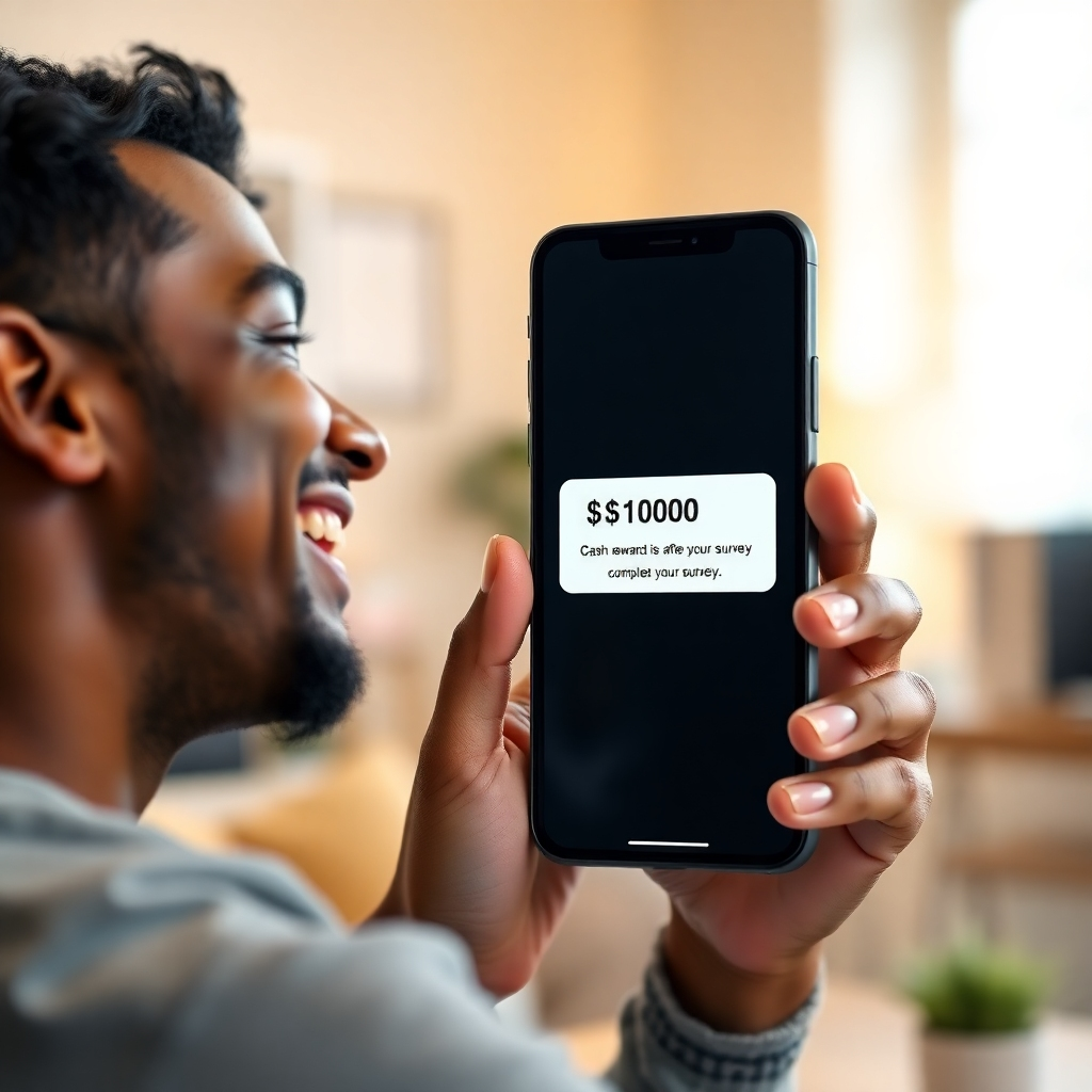A photorealistic image of a person smiling broadly while looking at a smartphone displaying a confirmation message of a $1000 cash reward after completing a survey. The background should be blurred but show a comfortable home office setting. The smartphone should be prominently displayed.