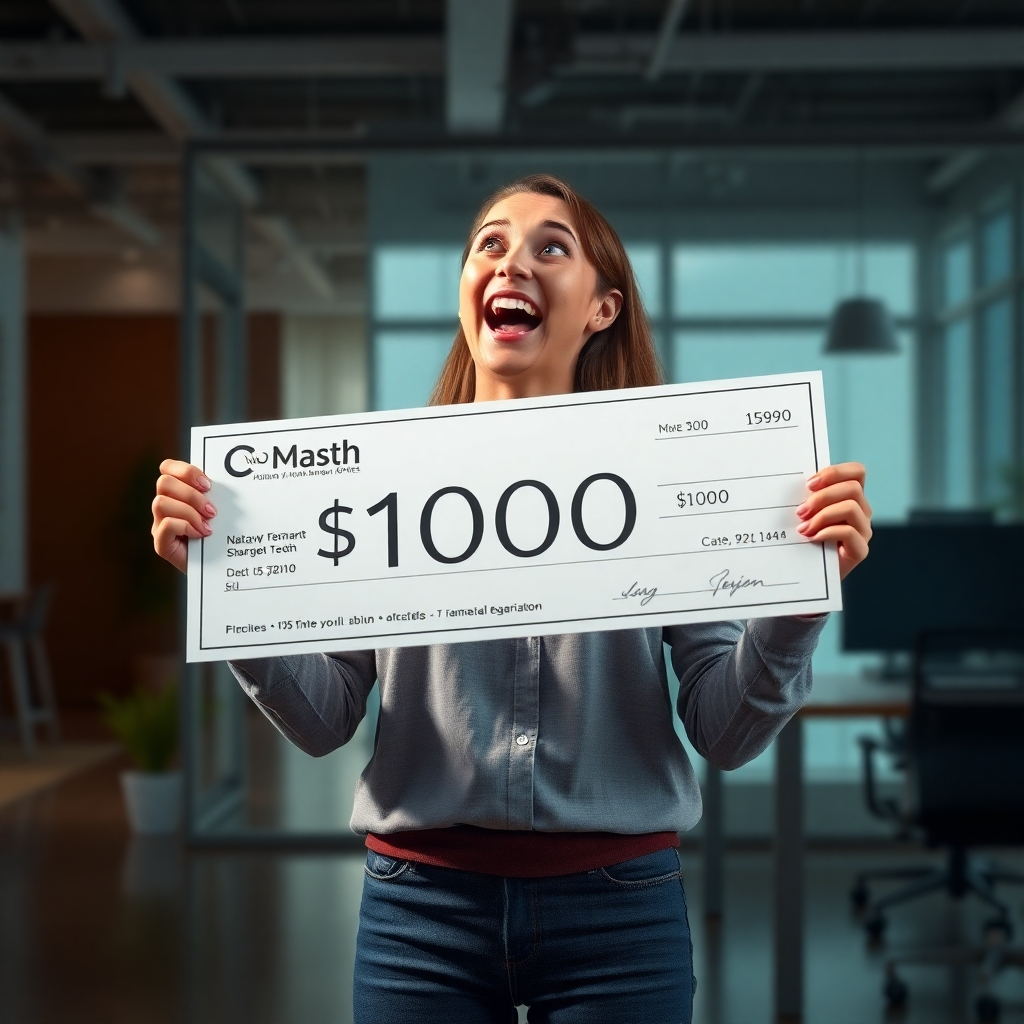 A photorealistic image of a person happily holding a large check for $1000, looking surprised and delighted. The background is a bright and modern office space.  The overall mood is positive and celebratory. High resolution, 8k, sharp focus, detailed