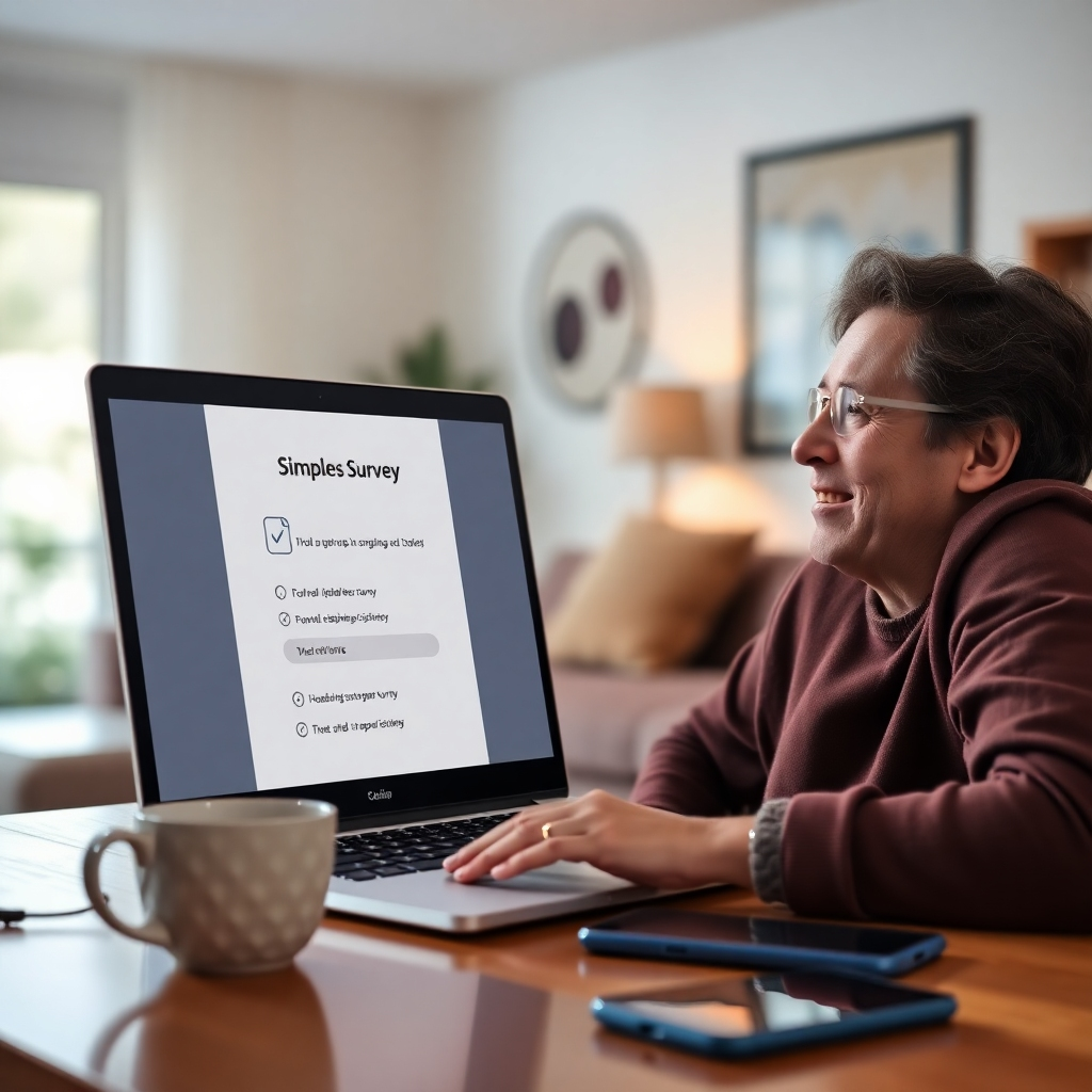 A photorealistic image of a person smiling and looking at a laptop screen showing a simple survey.  The laptop is on a desk with a cup of coffee and a phone.  The background is a blurry, bright living room. The overall mood is relaxed and happy. High resolution, 8k, sharp focus, detailed