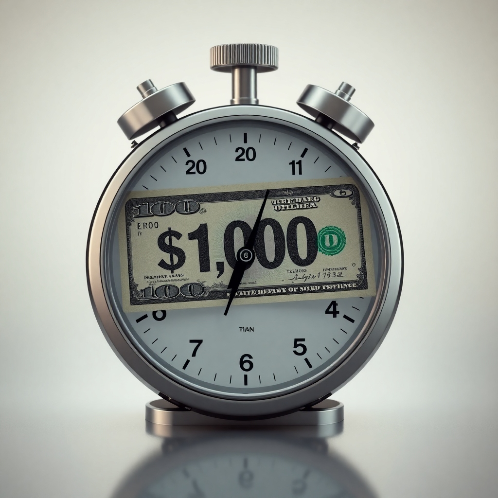 A photorealistic image of a stopwatch overlaid with a $1000 bill, indicating a short time spent earning a large reward.  The background should use a clean, minimalist design with muted colors.