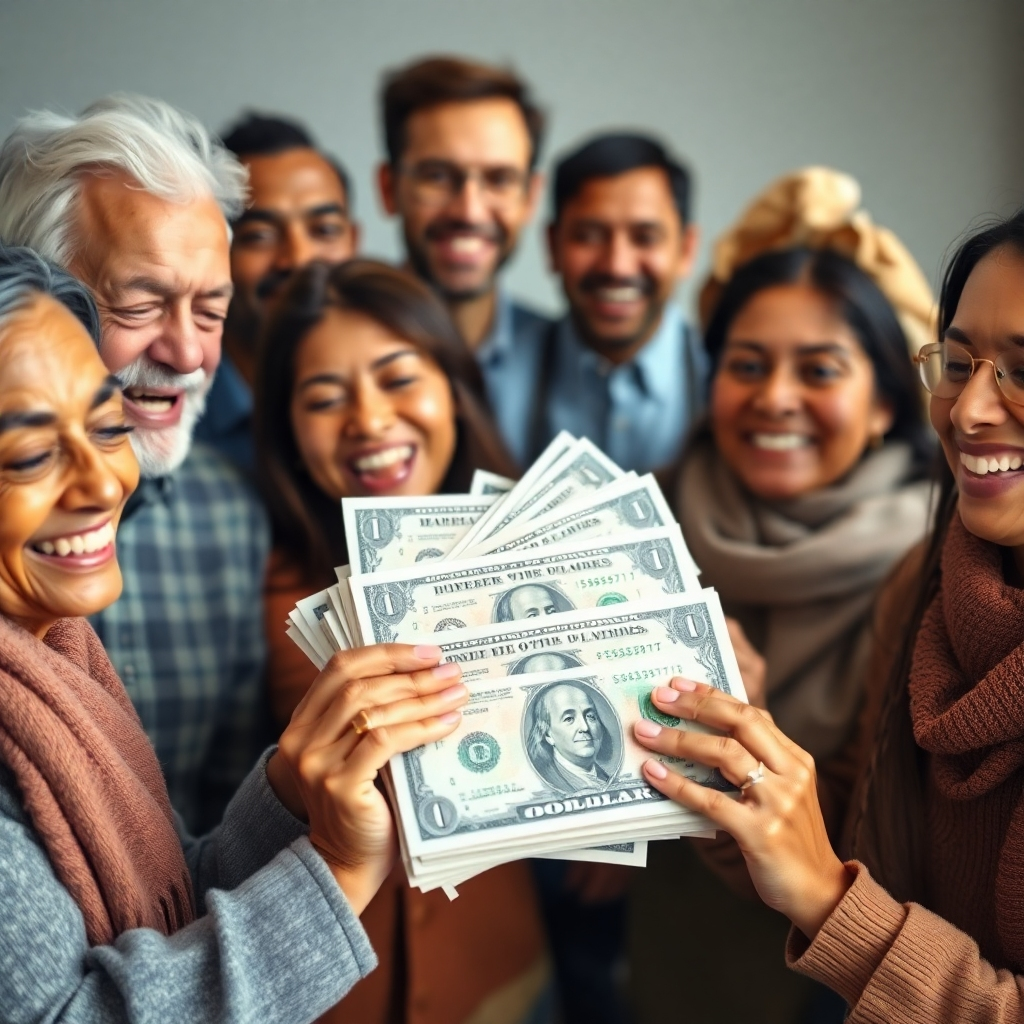 A photorealistic image showing diverse people of different ages and backgrounds expressing relief and happiness after receiving a large sum of money. The image should evoke a sense of financial freedom and security.  Consider using soft lighting and natural tones.