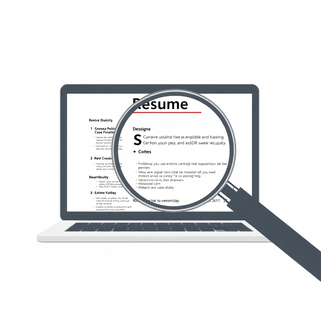 A stylized image of a beautifully-designed resume displayed on a laptop screen, with a magnifying glass highlighting key details.