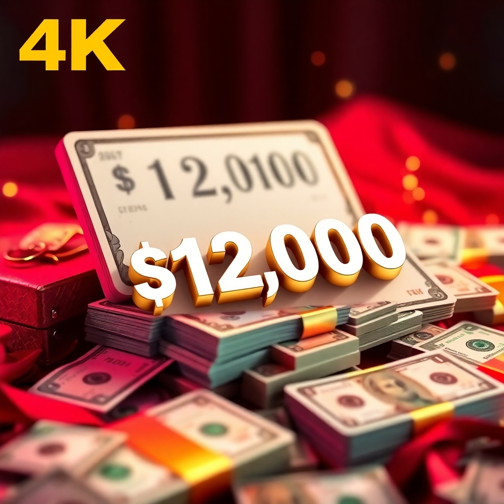 A visually appealing graphic representation of a prize—perhaps a pile of cash, a large check, or a luxurious item—with the $12,000 prize clearly visible. 4K resolution, use rich, saturated colors that evoke a sense of luxury and high value.