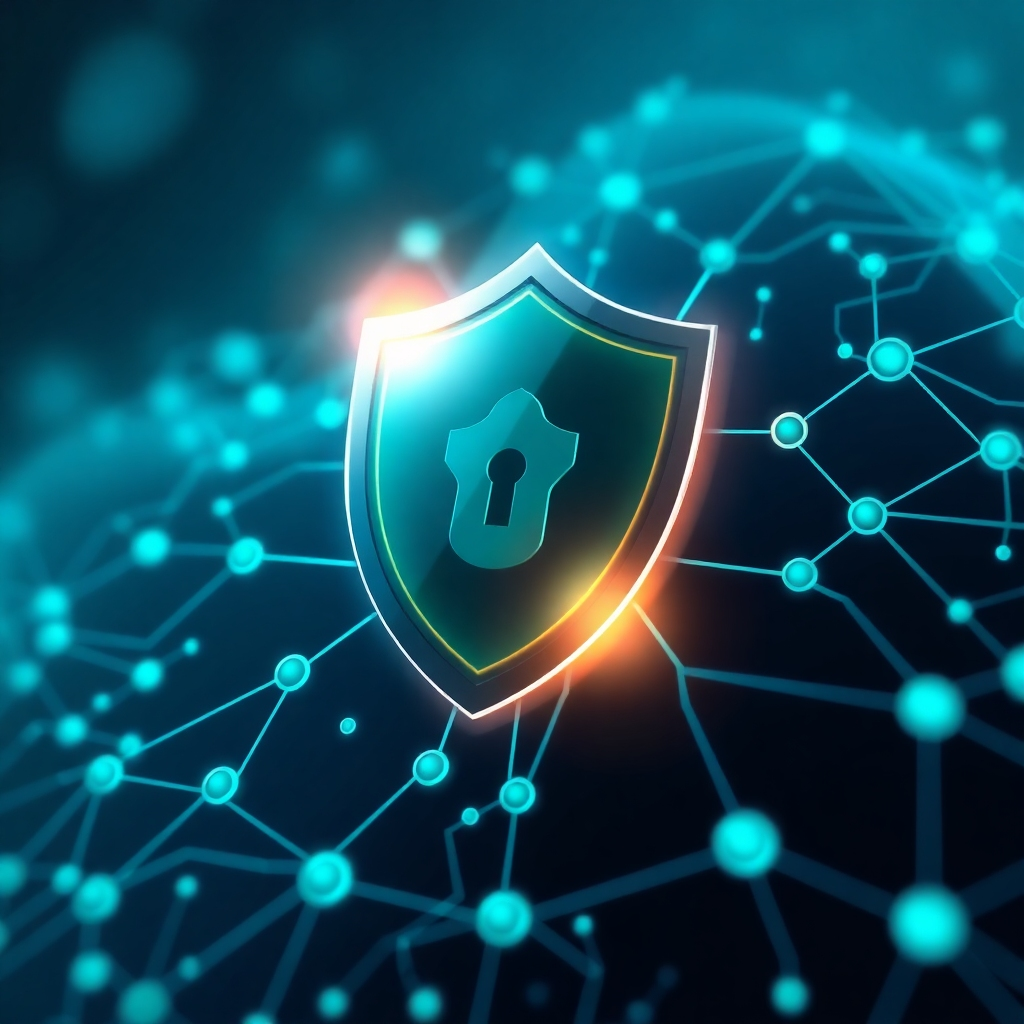 An abstract representation of data protection, such as a glowing shield icon or a complex network of interconnected nodes, all rendered in a sleek, modern style. The color palette should focus on calming and reassuring shades of blue and green, conveying a sense of security and reliability.