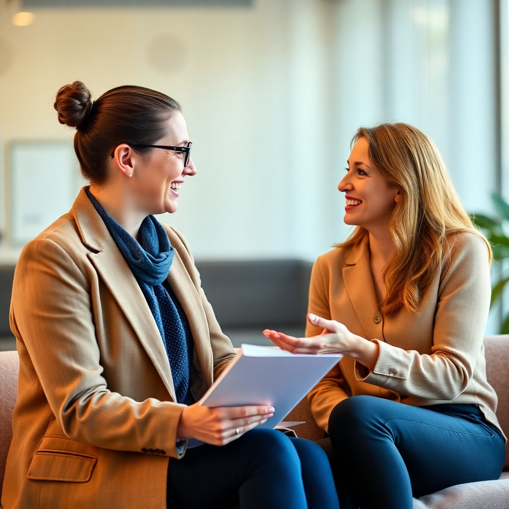 Create a photorealistic image depicting a career coach and client having a productive discussion. The image should convey a positive and supportive environment. Use warm lighting and a clean, modern background.