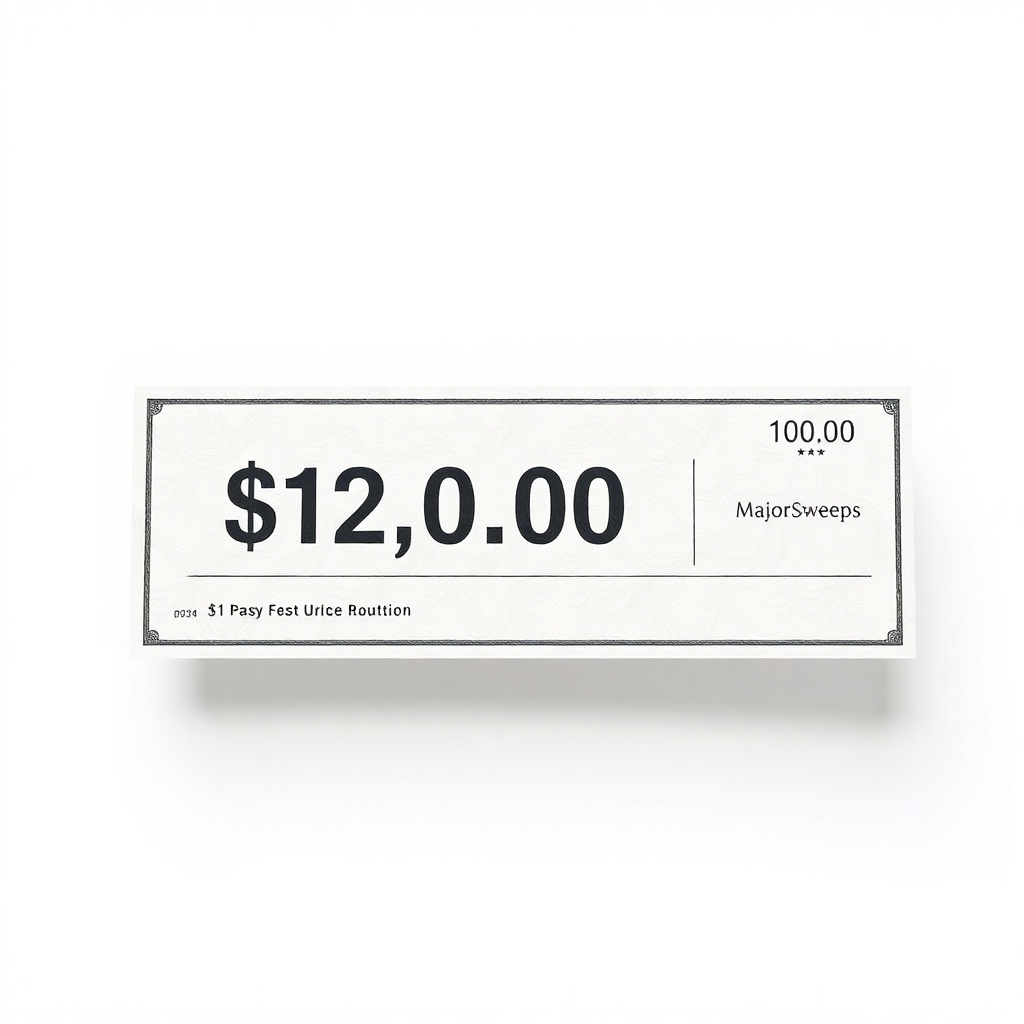 Create a photorealistic, ultra-high-quality 8K resolution image for a minimalistic landing page. The image should depict a close-up of a crisp, newly printed $12,000 check, with the 'MajorSweeps' logo subtly imprinted in a corner. The background should be a clean, uncluttered white or light gray. Use sharp focus and realistic textures to convey the quality and value of the prize. The lighting should be soft and even, avoiding harsh shadows.  The style should be sleek and modern, similar to high-end financial or advertising photography.  The composition should focus on the check, making it the clear focal point of the image.  The camera angle should be slightly overhead, emphasizing the details of the check and the 'MajorSweeps' logo. The overall color palette should be sophisticated and understated, primarily focusing on the colors of the check itself and the subtle logo. The texture details of the paper and ink should be visible and highly realistic. This image should represent the essence of winning big.