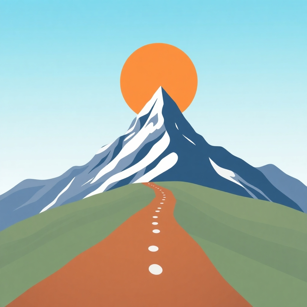 Create a stylized image that represents goal setting: a path leading to a mountain peak symbolizing career goals.