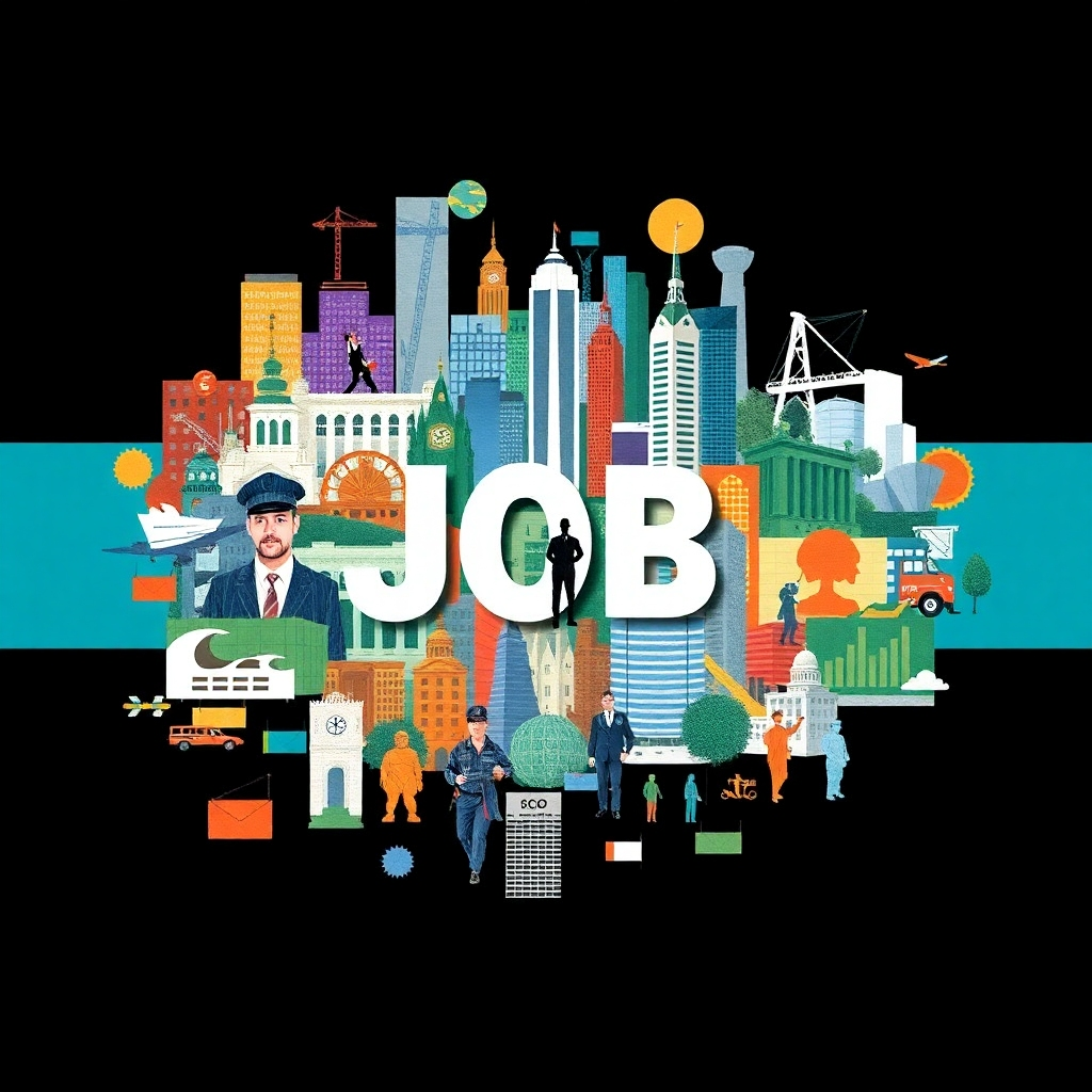 Create a stylized image using a collage showing diverse job fields and industries, illustrating the variety of careers available.