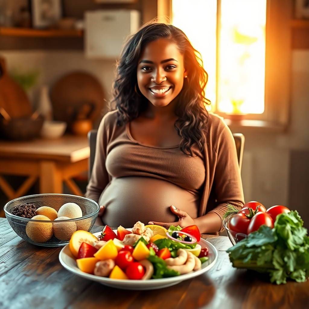 8K resolution, hyperrealistic image. A diverse pregnant woman, around 6 months pregnant, is seated at a rustic wooden table, sunlight streaming in from a nearby window. Soft, warm lighting accentuates the healthy, colorful food arranged beautifully on a plate before her. The food includes a variety of fresh fruits, vegetables, lean proteins, and whole grains.  Color palette: Vibrant and healthy, emphasizing the natural colors of the food. The setting is a cozy kitchen, possibly with a farmhouse style.  The overall mood is one of nourishment and wellbeing. Camera angle: eye-level, slightly from the side, to capture both the woman and the food attractively. Style references: similar to the work of food photographers like  Andrew Scrivener.  The image should emphasize textures such as the smooth skin of the fruits, the rustic wood of the table, and the softness of the woman's clothing. The background is slightly blurred, focusing the viewer's attention on the food and the pregnant woman's serene expression.  Include realistic shadows and highlights, paying close attention to the details of the food and the woman's happy face.