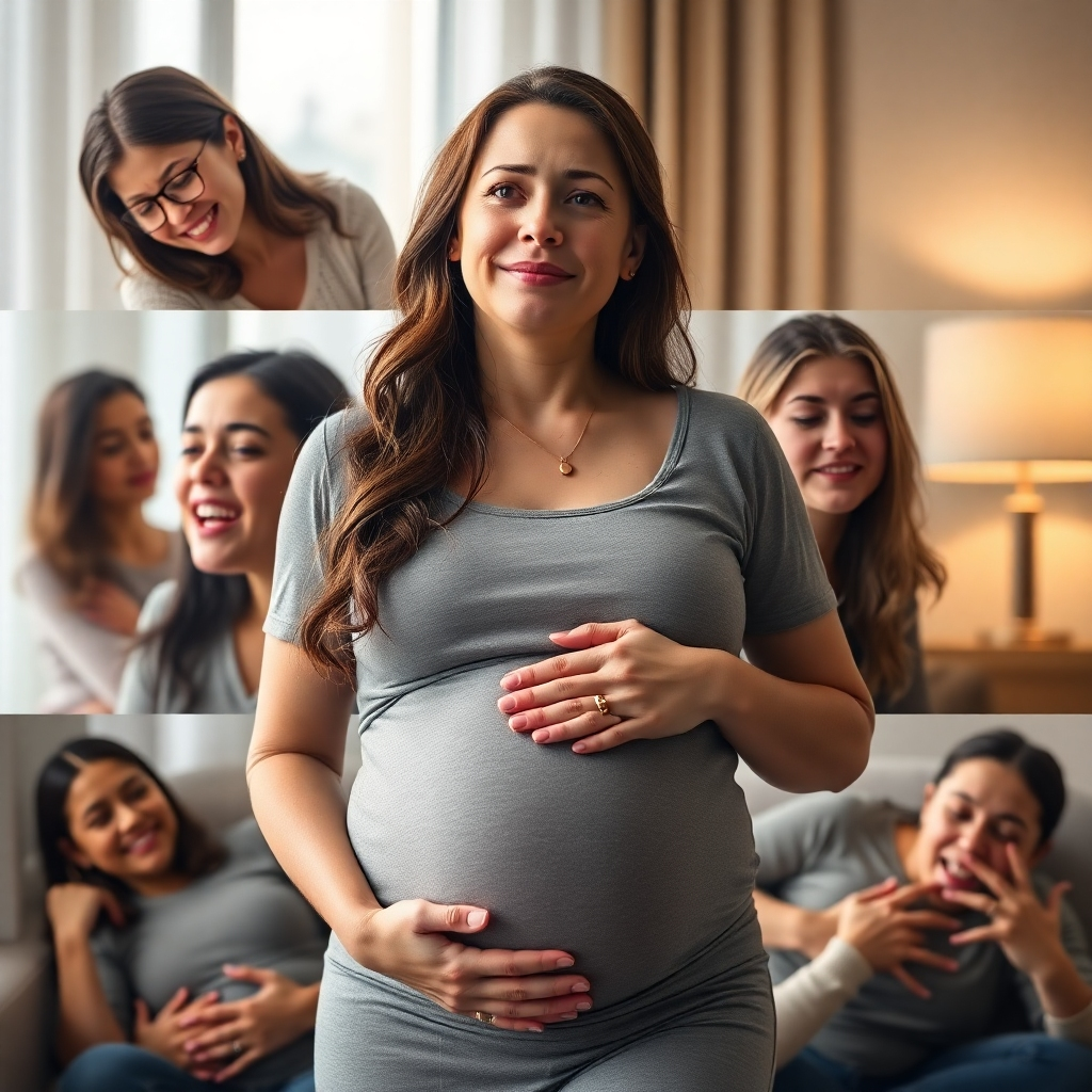 A photorealistic image depicting a pregnant woman experiencing different emotions throughout her day. Show a range of expressions: joy, sadness, anxiety, and contentment. Use a split image or collage format, highlighting the variety of emotions.