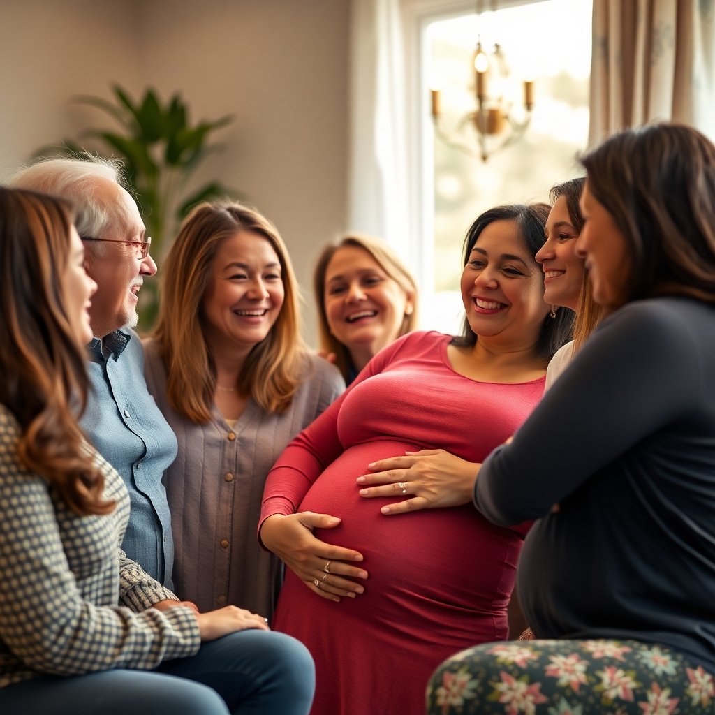 A photorealistic image depicting a pregnant woman happily interacting with a supportive group of friends and family members, all smiling and offering words of encouragement, in a warm and inviting setting, focusing on connection and community. High-quality, soft lighting, candid feel.