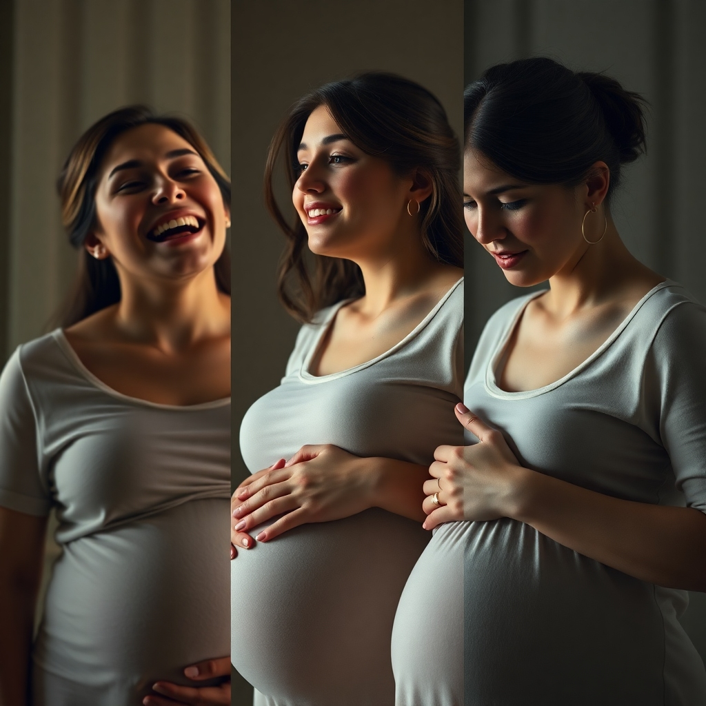 A photorealistic image depicting a pregnant woman in different emotional states: happy and laughing in one frame, pensive and thoughtful in another, and tearful and vulnerable in a third. Each state must be subtly different, and the overall lighting should be soft, warm, and natural.