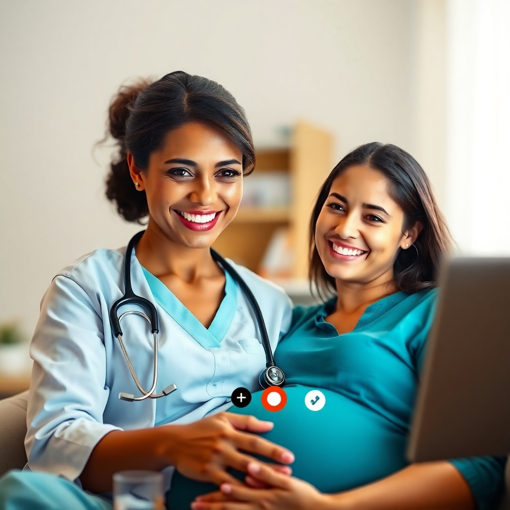 A photorealistic image of a doctor or midwife on a video call with a pregnant woman, both smiling warmly. The background should be slightly blurred, highlighting the connection between them. Use soft, natural lighting.