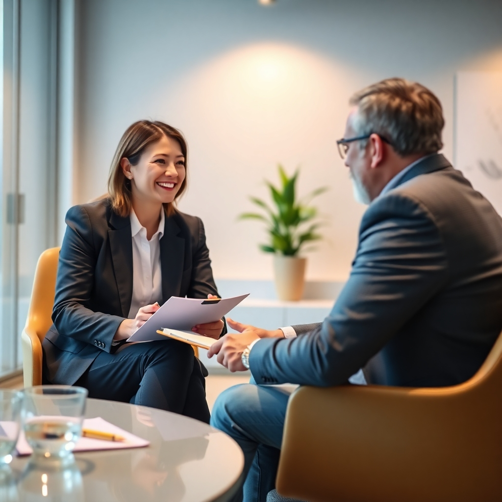 A photorealistic image of a financial advisor meeting with a client in a professional yet friendly environment. The scene should emphasize the importance of trust and collaboration. The colors should be calming and professional. The lighting should be balanced and well-distributed, creating a relaxing and productive atmosphere.