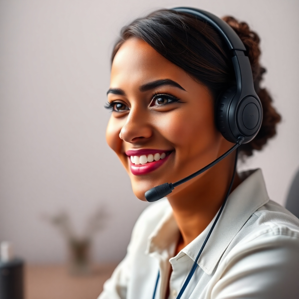 A photorealistic image of a friendly, reassuring phone operator wearing a headset, with a subtle background showcasing a calm and supportive atmosphere. The image should evoke a feeling of trust and care.
