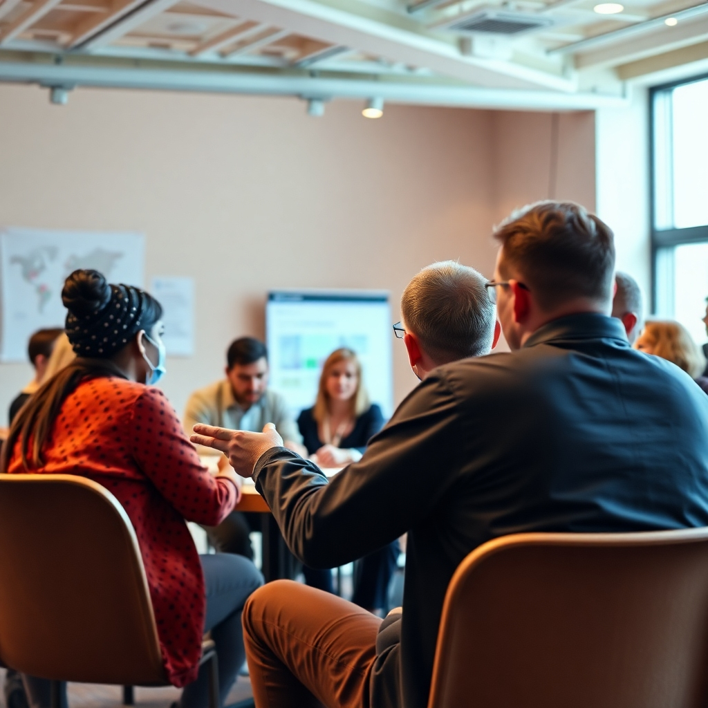 A photorealistic image of a group of people actively participating in a financial workshop, engaged in discussions and learning. The image should convey a sense of community and collaboration. The color palette should be warm and inviting. The lighting should be bright and well-balanced. The camera angle should capture the dynamics of the workshop.