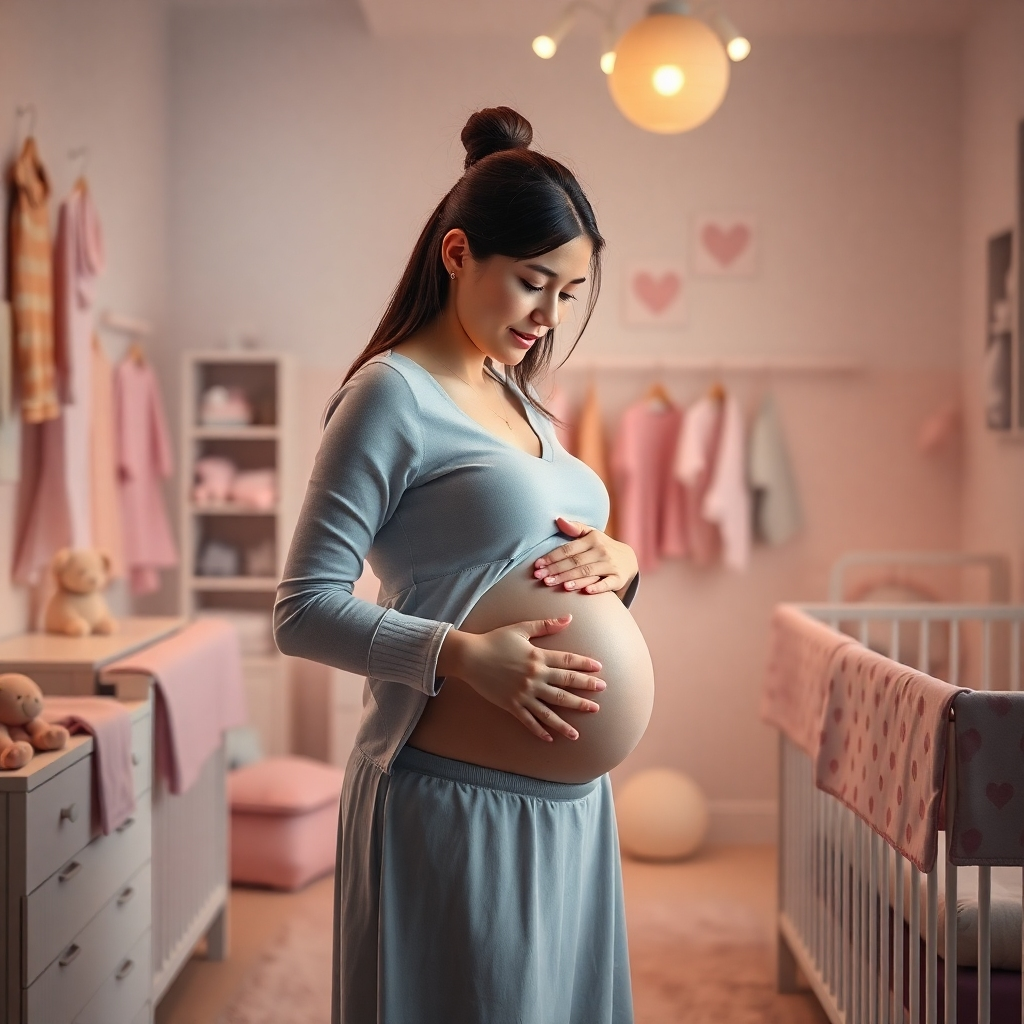 A photorealistic image of a lovingly decorated baby nursery, with soft lighting and a calming color scheme.  A pregnant woman is gently stroking her baby bump, and various baby items like clothes and toys are subtly visible in the background. The overall mood is peaceful and expectant.