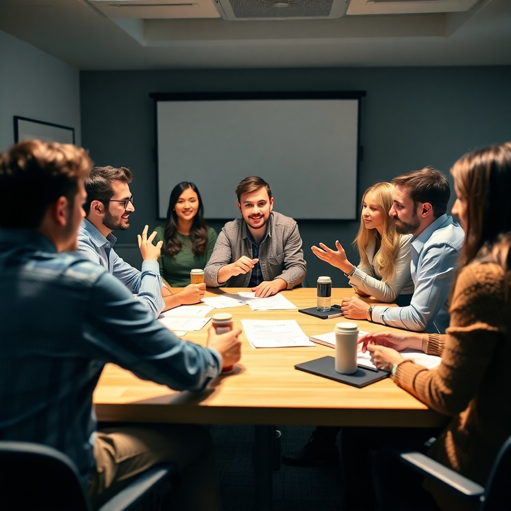 A photorealistic image of a motivational workshop in progress, showing enthusiastic participants engaged in group activities.
