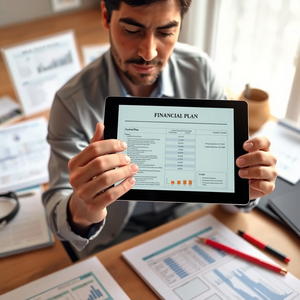 A photorealistic image of a person confidently reviewing a detailed financial plan on a tablet, surrounded by various financial documents and tools.  The scene should be organized and calming, symbolizing control and planning. The lighting should be soft and natural, creating a sense of warmth and trust. The color palette should be muted and professional. The camera angle should be eye-level, creating a sense of connection with the viewer. The overall mood should be one of calm confidence and control.