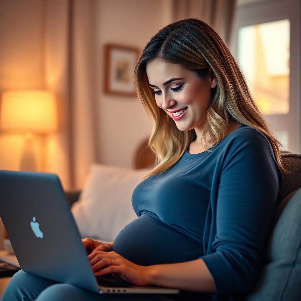 A photorealistic image of a pregnant woman smiling gently, looking at her laptop, with an email open on the screen. Soft lighting, warm color tones, cozy home setting.