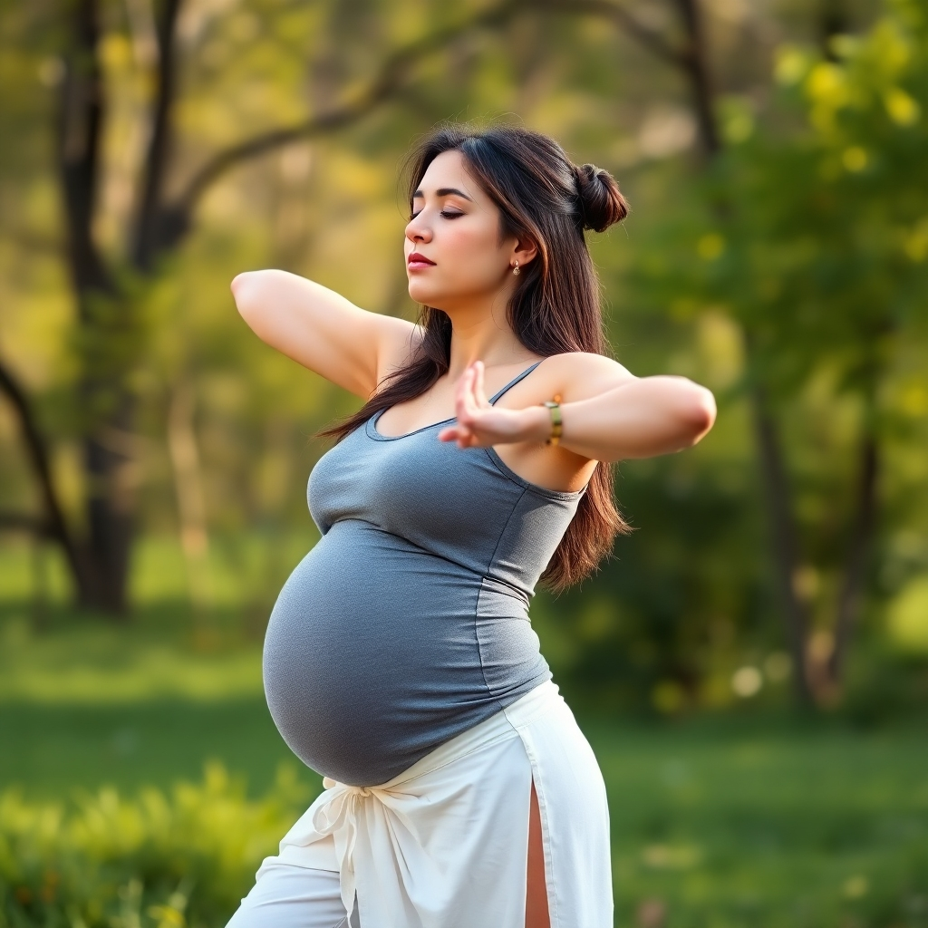 A photorealistic image of a pregnant woman doing gentle yoga poses outdoors in a serene setting, surrounded by nature.  Focus on healthy lifestyle and well-being. High-resolution, vibrant colors, natural lighting.