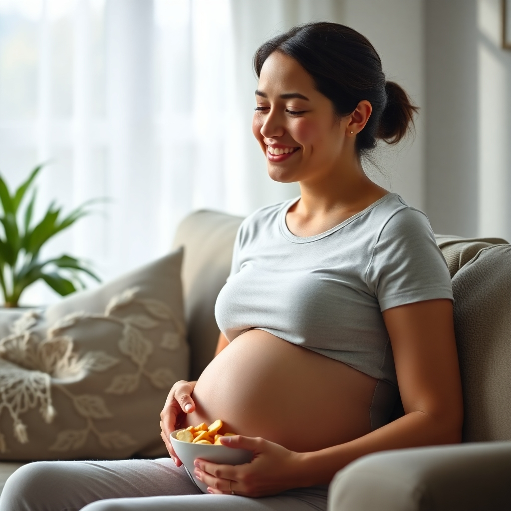 A photorealistic image of a pregnant woman with a gentle smile, sitting on a comfortable couch, holding a bowl of crackers. Soft natural light, comfortable and calming atmosphere. Focus on a feeling of gentle nausea but not distress.