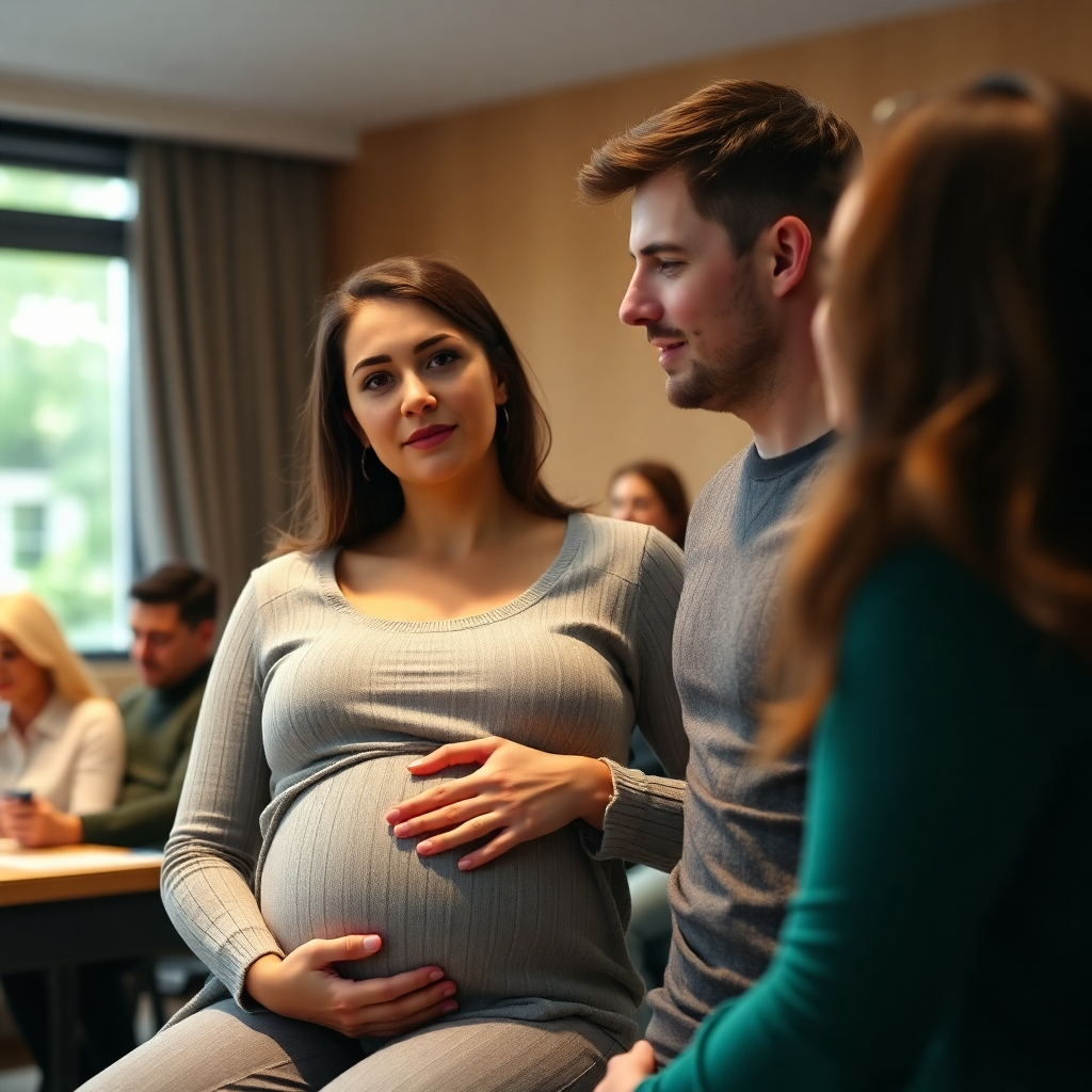 A photorealistic image of a pregnant woman and her partner attending a childbirth class. The setting is a warm, inviting classroom. Focus on the couple’s engaged expressions as they listen attentively to the instructor. Other expectant parents in the background should be subtly visible.